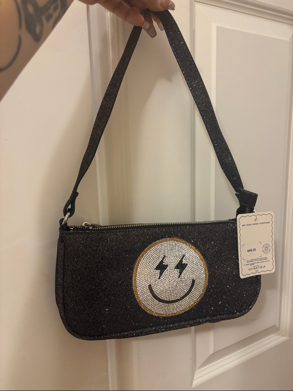 NWT Skinnydip Black Glitter Mini Bag with Smiley Crystal Patch